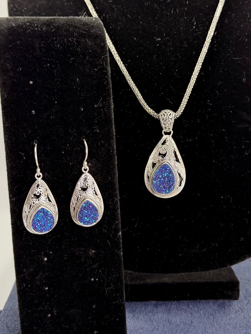 SARDA Bali Sterling Silver Blue Purple Druzy Drusy Filigree Necklace Earrings